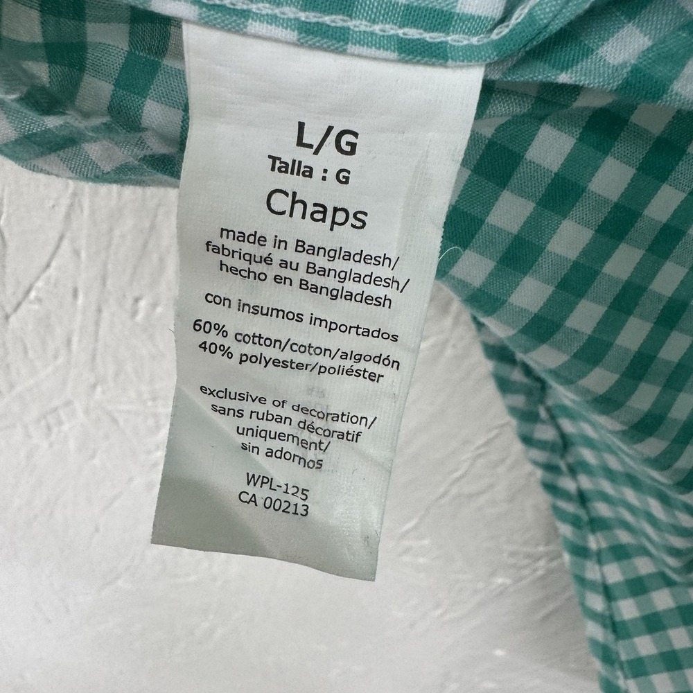 CHAPS SizeL Green Check Cotton Button Front Shirt Short Sleeves Easy Care Pocket - Picture 5 of 5